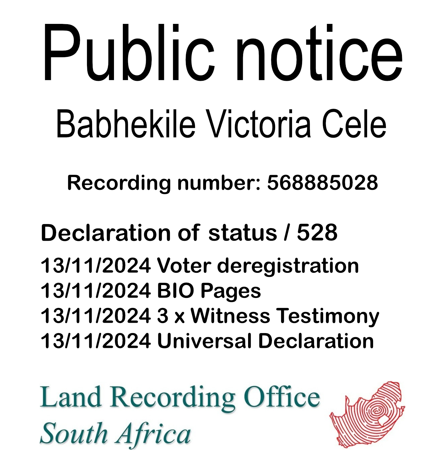 Public Notice Babhekile Victoria Cele (c) Recording number 568885028